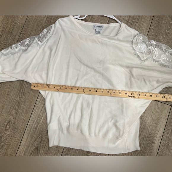 NWOT Large Carmen White Sweater with Delicate Lace and Bedazzled Jewels - Picture 6 of 9